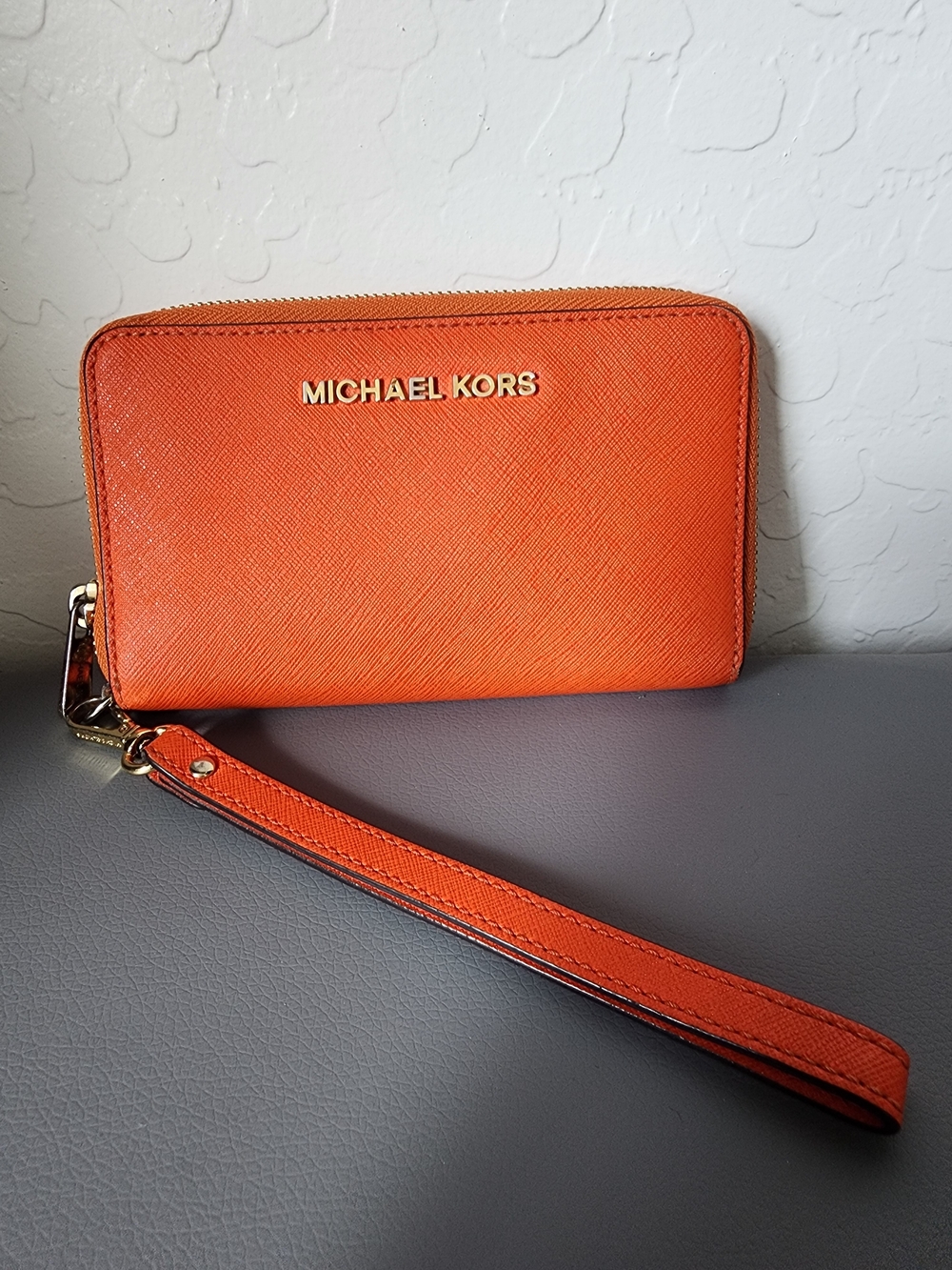 Michael Kors Bright Orange Saffiano Zip Wristlet